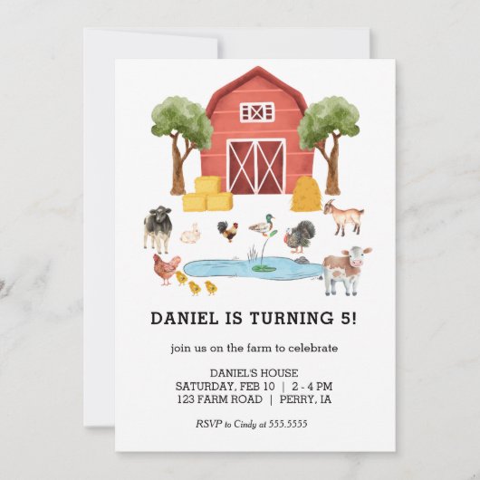 Farmtiere Wasserfarben Kinder Geburtstagsparty Einladung (Vorderseite)