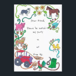 Farmyard Friends Border Collie Party Einladung<br><div class="desc">Bauernhoffreunde gestalten zwei. In der obersten links Ecke befindet sich eine Border Collie, im ersten Design nicht die Kuh. Und die Farben sind etwas anders, da ich nicht mehr das Set habe, das ich im ersten Design vor einem Jahr verwendet habe. Ein Traktor, ein Set von Tieren und Pflanzen umgeben...</div>
