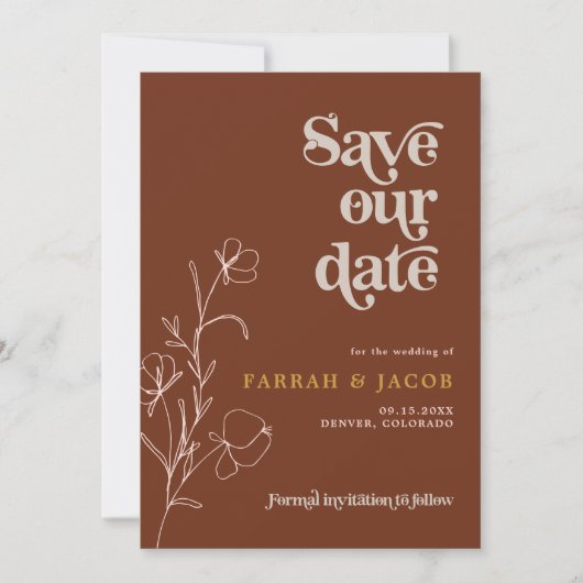 FARRAH Retro 70er Rust Floral Foto Save the Date Einladung (Vorderseite)