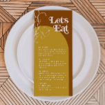 FARRAH Retro 70er Rust Lasse Arch Menu Card essen Menükarte<br><div class="desc">Dieses Hochzeitsmenü bietet einen verbrannten orangefarbenen Hintergrund, einen senffarbenen Bogen, Erden-Kinderfloralen und einen lustigen 70er Jahre Schriftart. Dieses köstliche Dinner-Menü eignet sich perfekt für eine Retro-Hochzeit, eine Babydusche oder andere besondere Veranstaltungen. Alle Farben sind editierbar, klicken Sie einfach auf den blauen Button 'Bearbeiten mit dem Design-Tool', um die Farben an...</div>