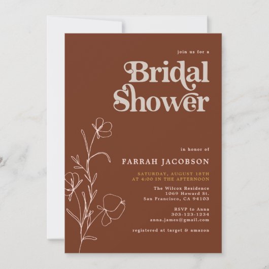 FARRAH Retro 70er Rust Senf Brautparty Einladung (Vorderseite)