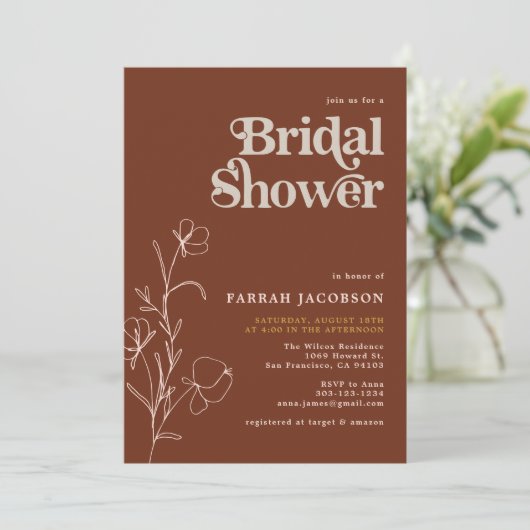 FARRAH Retro 70er Rust Senf Brautparty Einladung (Stehend Vorderseite)