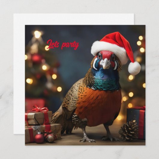 Fasan mit Weihnachtsmannmütze Einladung (Vorne/Hinten)