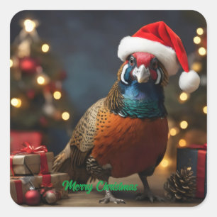 Fasan mit Weihnachtsmannmütze Quadratischer Aufkleber