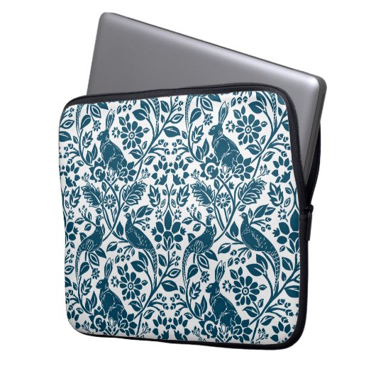 Fasan und Hare Muster, weiß und dunkelblau Laptopschutzhülle (Vorderseite Links)