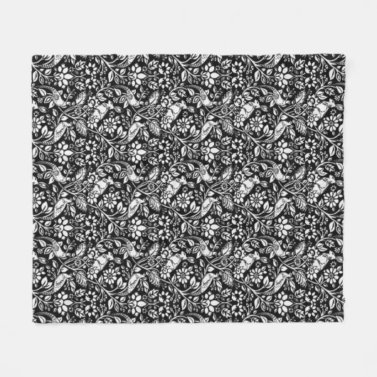 Fasan- und Hasenmuster, Schwarz und Weiß Fleecedecke (Vorderseite (Horizontal))