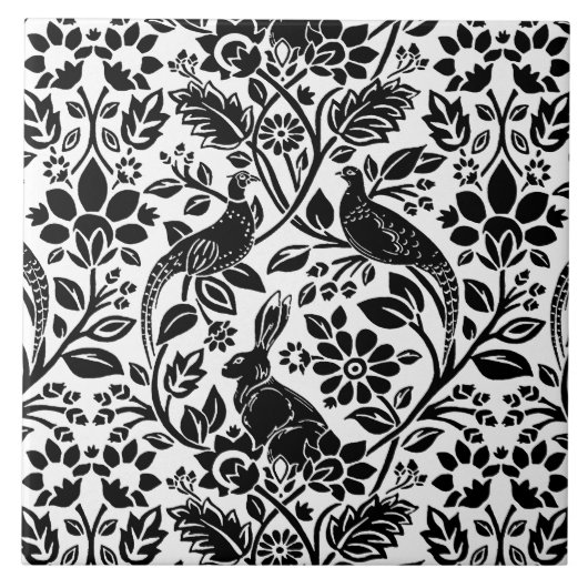Fasan- und Hasenmuster, weiß und schwarz Fliese (Vorderseite)