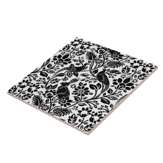 Fasan- und Hasenmuster, weiß und schwarz Fliese (Seite)