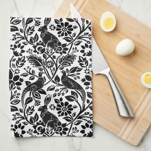 Fasan- und Hasenmuster, weiß und schwarz Geschirrtuch (Viertel Falte)