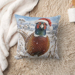 Fasan zu Weihnachten auf einem winterlichen Feld Kissen