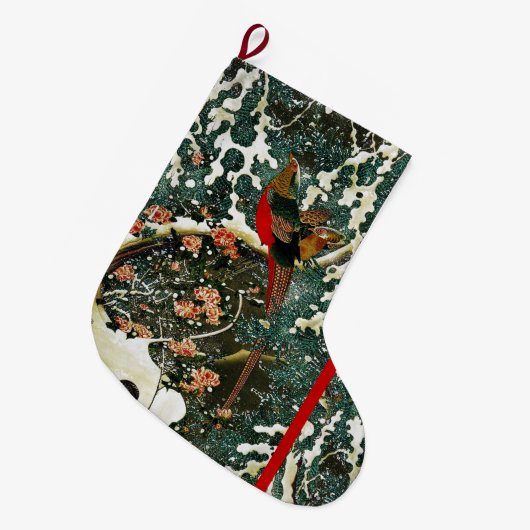 Fasane im Schnee, Pine Tree, Rose, japanisches Blu Großer Weihnachtsstrumpf (Vorderansicht (hängend))