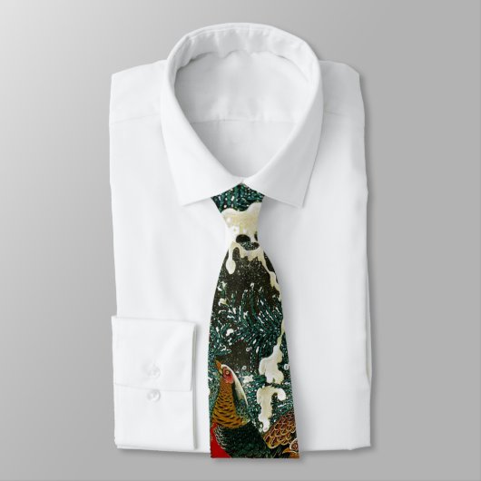 Fasane im Schnee, Pine Tree, Rose, japanisches Blu Krawatte (Gebunden)