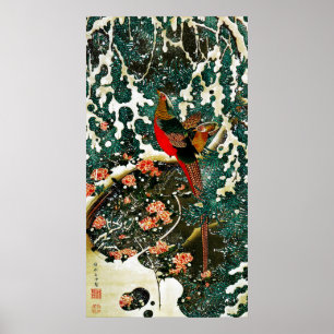 Fasane im Schnee, Pine Tree, Rose, japanisches Blu Poster