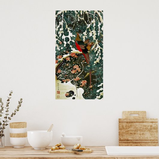 Fasane im Schnee, Pine Tree, Rose, japanisches Blu Poster (Küche)