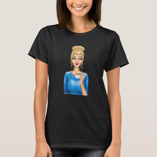 Fashion Blonde Woman Holding Cup of Coffee Hand Dr T-Shirt (Vorderseite)