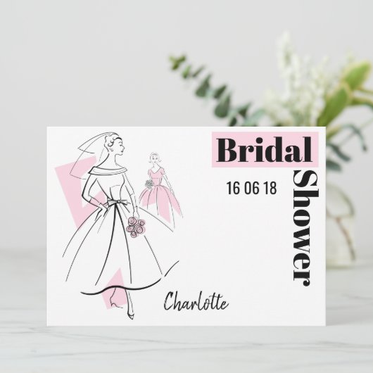 Fashion Bride Pink Group Brautparty horizontal Einladung (Stehend Vorderseite)