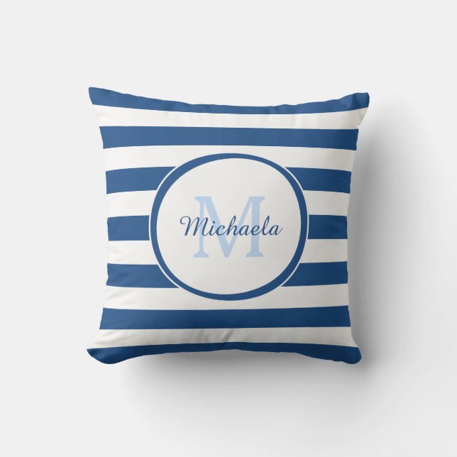 Fashion Candy Stripes Monogramm und Name in Blau Kissen (Vorderseite)