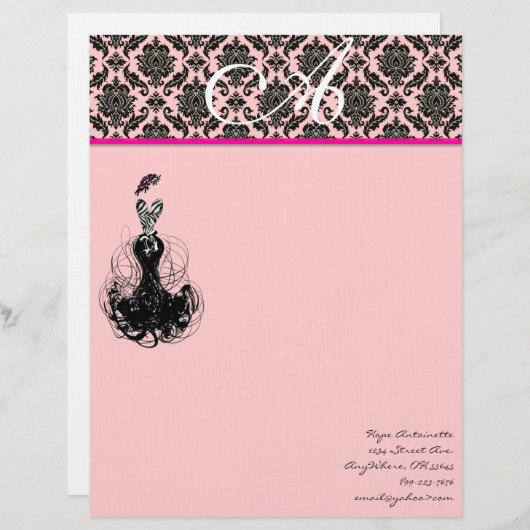 Fashion Diva Pink Raspberry Monogram Damask Briefbogen (Vorne/Hinten)