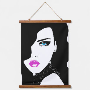 Fashion Girl Black Pink Blue Wandteppich Mit Holzrahmen