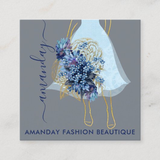 Fashion Gold Blue Dress Logo QRCode Floral Quadratische Visitenkarte (Vorderseite)