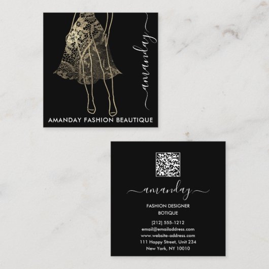 Fashion Gold Lace Dress Logo QRCode Shop Beautique Quadratische Visitenkarte (Vorne/Hinten)