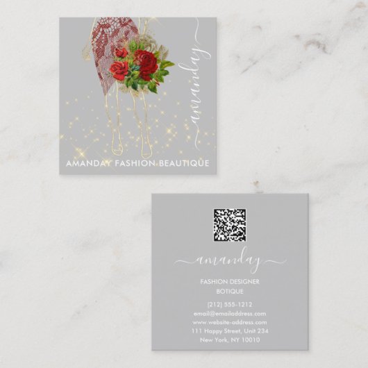 Fashion Gold Red Dress Logo QRCode Floral Quadratische Visitenkarte (Vorne/Hinten)