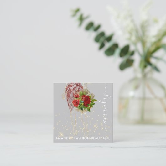 Fashion Gold Red Dress Logo QRCode Floral Quadratische Visitenkarte (Stehend Vorderseite)