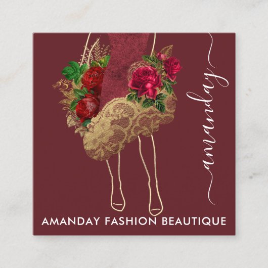 Fashion Gold Red Dress Logo QRCode Wreath Marsala Quadratische Visitenkarte (Vorderseite)