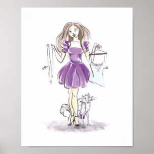 Fashion Illustration Shopping Girl Cat Wasserfarbe Poster