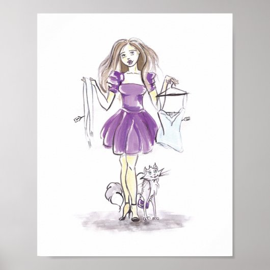 Fashion Illustration Shopping Girl Cat Wasserfarbe Poster (Vorne)