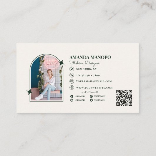 Fashion Minimalistische, grüne Scannable QR Code-G Visitenkarte (Rückseite)