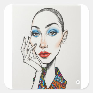 Fashion Model Pop Art Portrait Blue Eyeshadow Red Quadratischer Aufkleber