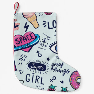 Fashion Patch Abzeichen. Nahtloses Muster mit rosa Kleiner Weihnachtsstrumpf