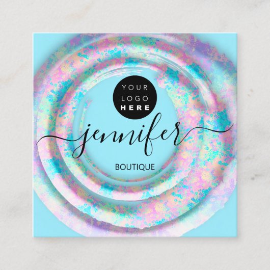 Fashion Pink Floral Boutique Logo Pastellblau Quadratische Visitenkarte (Vorderseite)