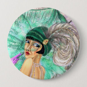Fashion Umbrella Lady Button - Vintag Style