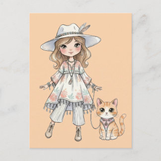 Fashionable girl strolling with her cat einladungspostkarte