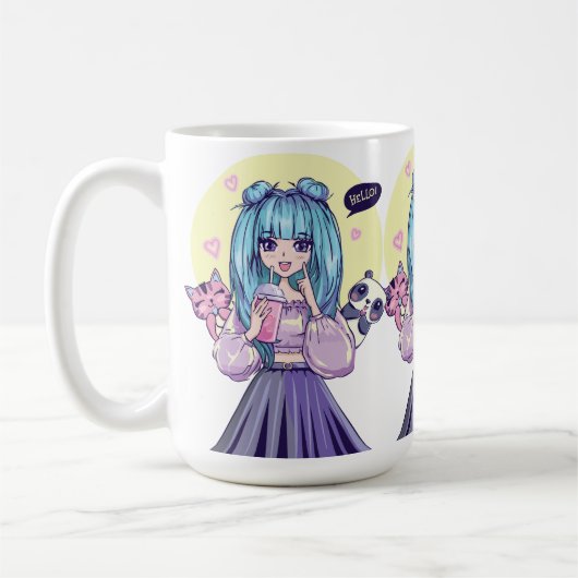 Fashionista: Blauhaarige Mädchen mit Panda und Kat Kaffeetasse (Links)