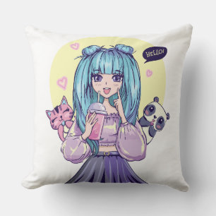 Fashionista: Blauhaarige Mädchen mit Panda und Kat Kissen