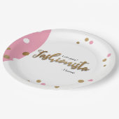 Fashionista-rosa Goldconfetti Geburtstagsthema Pappteller (Schrägansicht)
