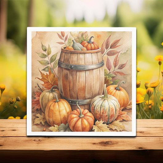 Fass mit Kürbissen Herbst Serviette