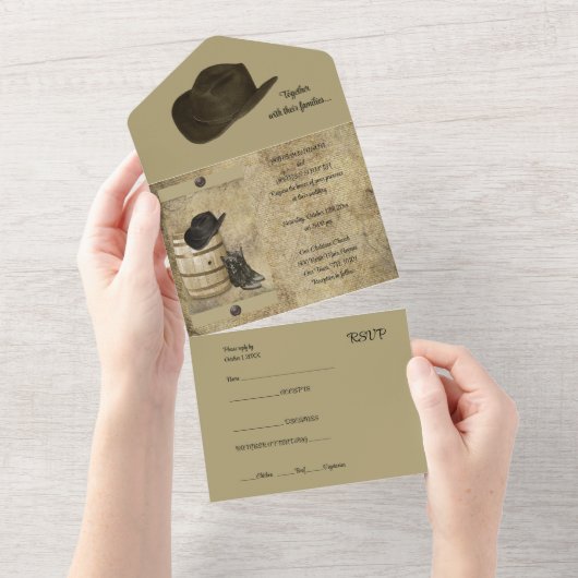 Fass und Stiefel in einer Hochzeit All In One Einladung (Abreißen)