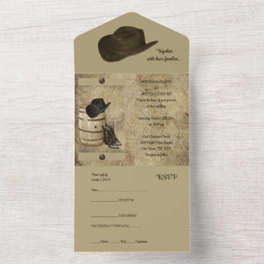 Fass und Stiefel in einer Hochzeit All In One Einladung (Innen Boden)
