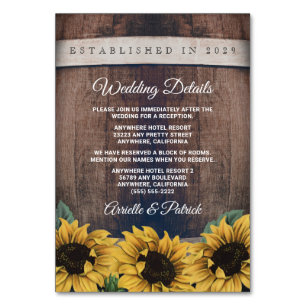 Fass-Vintage-Sonnenblumen-Hochzeit-Beilagekarten Tischnummer