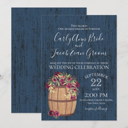 Fass von Rose Rustikales Holz Einladung (Vorne/Hinten)