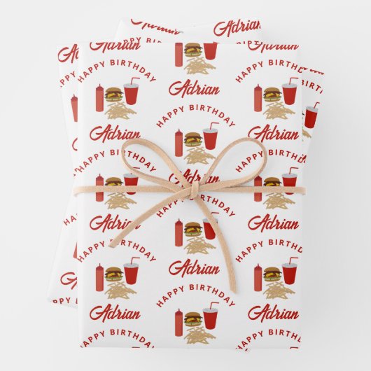 Fast Food Burger Fries Muster Geburtsname Geschenkpapier Set (Beispiel)