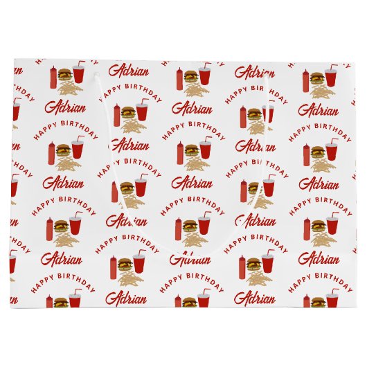 Fast Food Burger Fries Muster Geburtsname Große Geschenktüte (Rückseite)