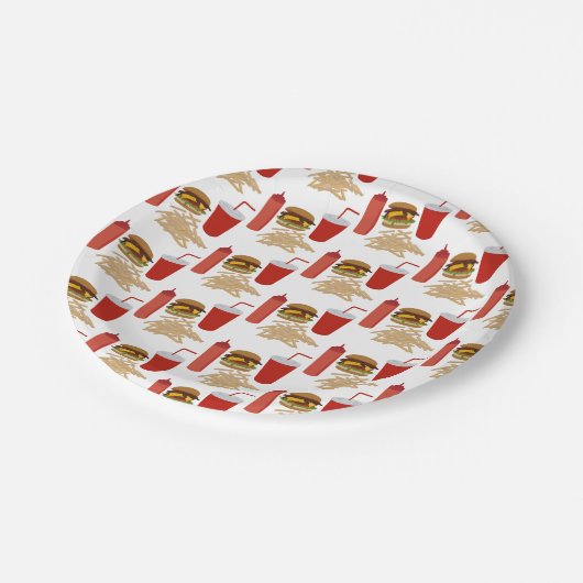 Fast Food Burger Fries Muster GRILLEN Pappteller (Schrägansicht)