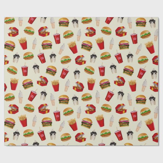 Fast Food Burgers, Fries, Sundaes Geschenkpapier (Flach)