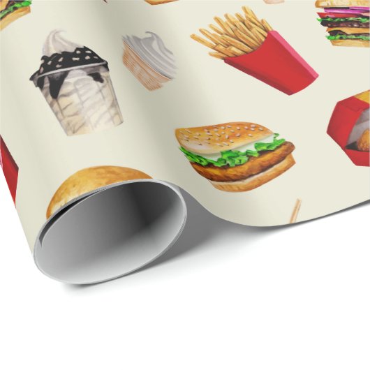Fast Food Burgers, Fries, Sundaes Geschenkpapier (Rolleneckpunkt)