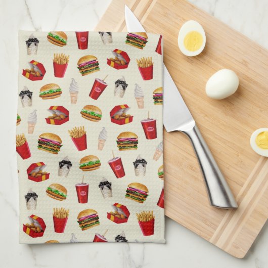 Fast Food Burgers, Fries, Sundaes Geschirrtuch (Viertel Falte)